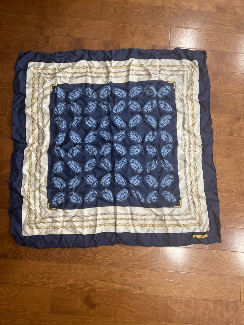 Authentic Cartier Navy, Cream & Gold Silk Decorative Square Scarf